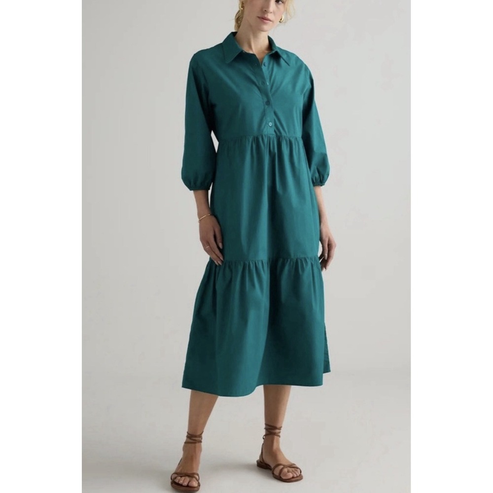Quince Size-M Women 100% Organic Cotton Poplin Midi Tunic Dress Garden Green